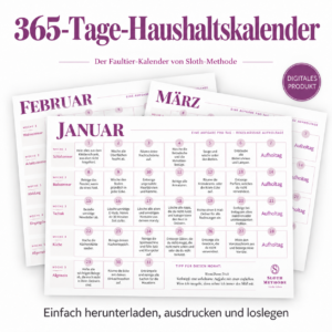 365-Tage-Haushaltskalender zum Selbstausdrucken mit Monatsseiten und Hinweis auf digitales Produkt
