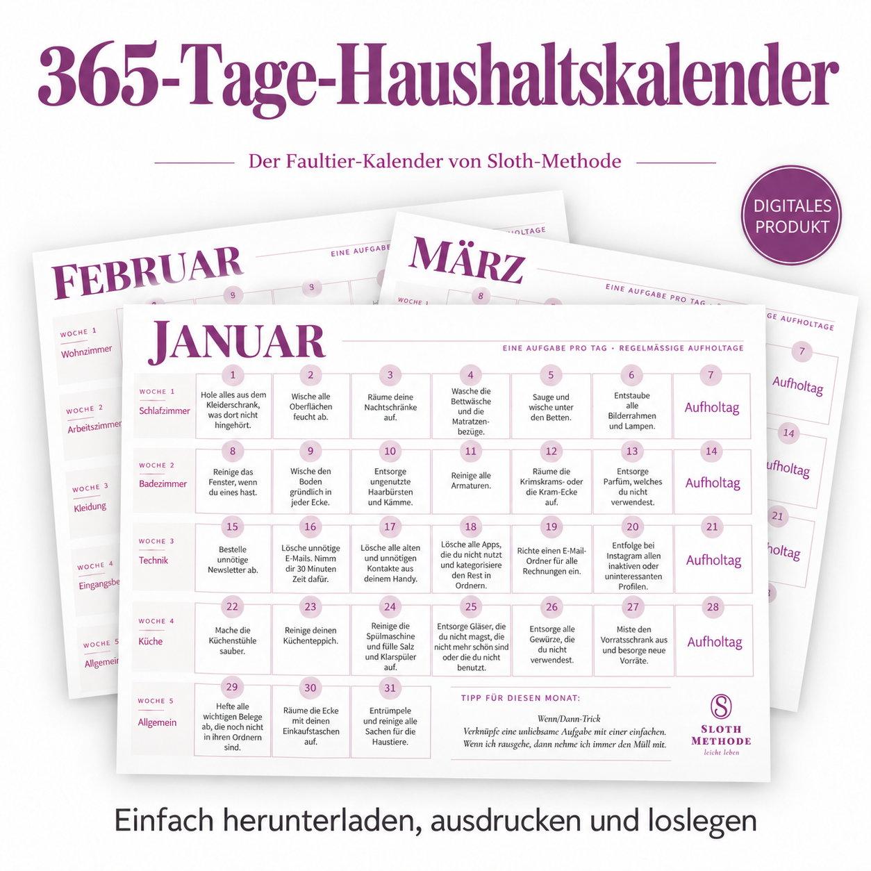 365-Tage-Haushaltskalender zum Selbstausdrucken mit Monatsseiten und Hinweis auf digitales Produkt