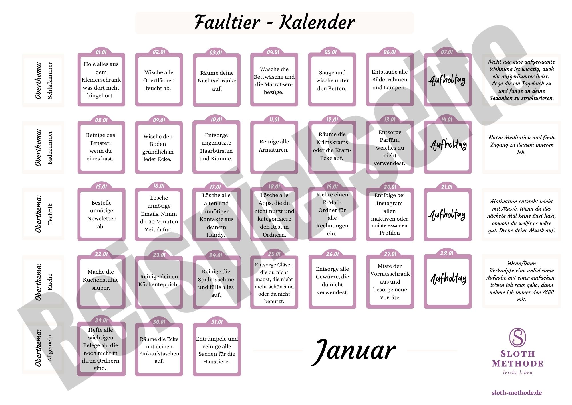 Faultier Kalender + Ausmist-Kalender - undatiert - mit Jahres Ausmist-Kalender – Bild 2